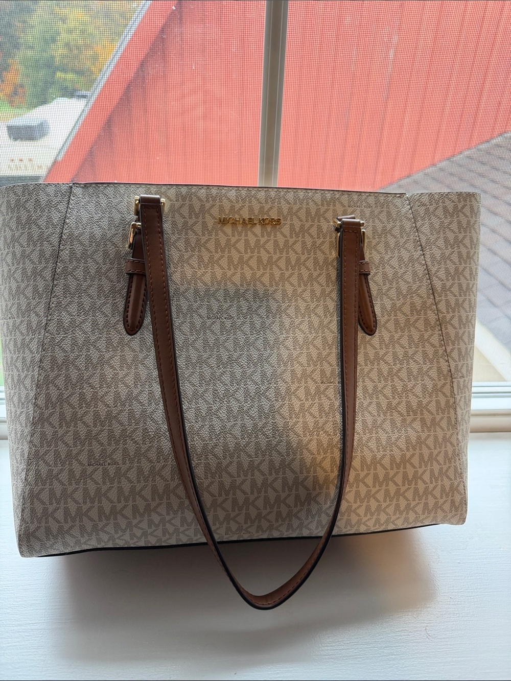 Michael Kors Beige MK Signature Tote with Brown Leather Straps